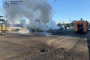 Aftermath of a Russian drone strike on a highway near Chabany outside Kyiv, October 20, 2026