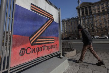 The billboard in the foreground features the letter Z, a symbol of support for the Russian army. (Source: Getty Images)