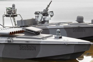 Next-generation Sea Baby unmanned surface vehicles are presented by Ukraine’s Security Service during a media event in Kyiv on October 17, 2025. (Photo: Getty Images)