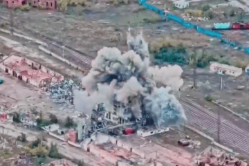 An explosion is seen at a targeted Russian facility in this aerial shot. (Source: Telegram channel “Sonnyashnyk”)