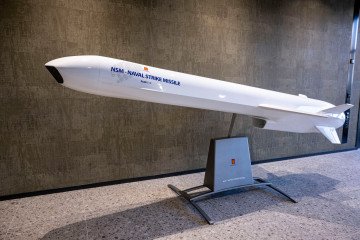 Illustrative image. A model of a Naval Strike Missile (NSM) at the opening of the Kongsberg Gruppen ASA missile factory in Kongsberg, Norway, on June 20, 2024. (Source: Getty Images) Illustrative image. A model of a Naval Strike Missile (NSM) at the opening of the Kongsberg Gruppen ASA missile factory in Kongsberg, Norway, on June 20, 2024. (Source: Getty Images)