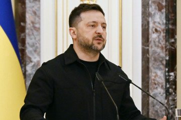 Ukrainian President Volodymyr Zelenskyy speaks to the press ahead of an international conference on nuclear safety and recovery at the Chernobyl nuclear power plant in Chernobyl, Ukraine, on April 26, 2026. (Source: Getty Images)