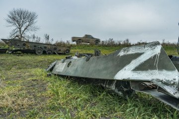 Z symbol painted in a destroyed armoured vehicle of the russian army near Myroliubivka village, Kherson region, November 12, 2022. (Source: Getty Images)
