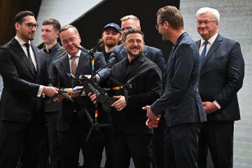 Volodymyr Zelenskyy, President of Ukraine, and Boris Pistorius (SPD), Minister of Defense, visit the drone manufacturer Quantum Frontline Industries before the start of the Munich Security Conference, February 13, 2026, Bavaria, Germany.