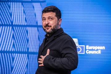 Ukrainian President Volodymyr Zelenskyy leaves a press conference during the EU summit in Brussels, Belgium, on October 16, 2026. (Source: Getty Images)