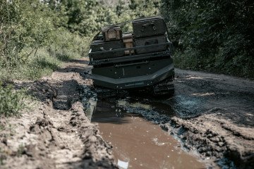 GEREON robotic logistics platform carrying supply crates along an off-road route in Ukraine. (Source: ARX Robotics)