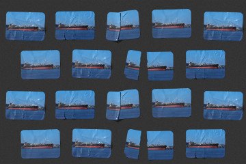 Printed images of a tanker ship arranged in a grid, some torn or creased. Illustrative image. (Source: Oleksandr Manukians/UNITED24 Media)