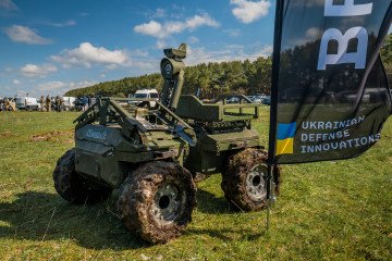 A Ukrainian-made unmanned ground vehicle displayed during a defense technology exhibition in Ukraine, April 11, 2025. (Source: Getty Images)