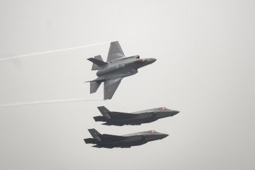 Belgium's newly purchased Lockheed Martin F-35 Lightning II fighter jets fly as they arrive at the Florennes Air Base on October 13, 2025 in Brussels, Belgium. Illustrative photo. (Source: Getty Images)
