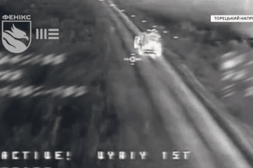 Footage released by Ukraine’s Phoenix unmanned systems unit shows a Russian vehicle with an armed soldier in the rear being targeted on the Toretsk direction. (Source: Phoenix unmanned systems unit)