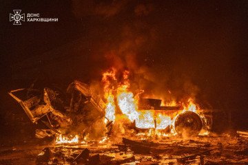 A vehicle burns after being hit during a Russian strike in the Kharkiv region, Ukraine on January 13, 2026. (Photo: State Emergency Service)