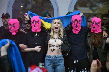 Ukrainian activist Inna Shevchenko and Pussy Riot members protest Russia’s participation in the Venice Biennale in Venice, Italy, on May 6, 2026. (Source: Getty Images)