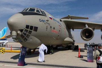 A Russian Il‑76MD‑90AE military transport aircraft on display during the opening day of the Dubai Airshow in Dubai, United Arab Emirates, on November 17, 2025. (Photo: Getty Images)
