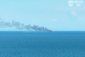 Smoke rises from a civilian cargo vessel after a Russian strike in the Black Sea on July 14. (Source: Odesa Regional Military Administration)