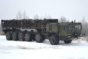 Illustrative image. Possible Oreshnik TEL, built on the MZKT-79291 chassis and is likely a reincarnation of the 15Zh67 Rubezh missile system. (Source: DnKornev/X)