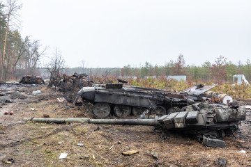 Broken tanks and combat vehicles of the Russian invaders seen near the village of Dmytrivka, Kyiv region, Ukraine, April 3, 2022. (Source: Getty Images)