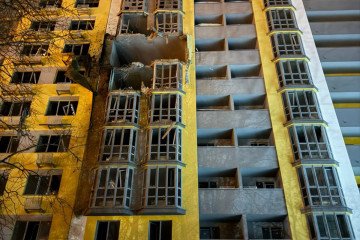 A residential high-rise in Kyiv shows significant structural damage after a Russian missile strike. (Photo: Kyiv Emergency Service)