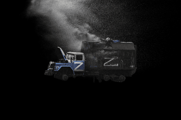 An illustrative graphic of a destroyed Russian military supply truck marked with a “Z,” engulfed in a cloud of dust against a black background. (Source: UNITED24 Media/Oleksandr Manukians)