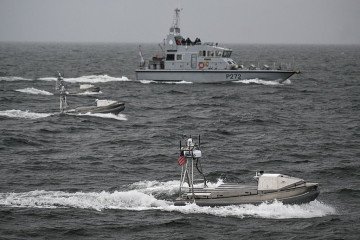 Several US Navy Unmanned Surface Vessel (USV) drone boats sail next to a British Royal Navy P200 Patrol Craft during the NATO exercise BALTOPS 26 on June 15, 2026 off the coast of Gdynia, Poland. (Source: Getty Images) Several US Navy Unmanned Surface Vessel (USV) drone boats sail next to a British Royal Navy P200 Patrol Craft during the NATO exercise BALTOPS 26 on June 15, 2026 off the coast of Gdynia, Poland. (Source: Getty Images)