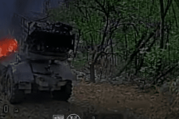 Russian BM-21 Grad MLRS burning after a Ukrainian drone strike, September 2026.