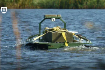 A Ukrainian Triton amphibious unmanned ground vehicle moves through water during testing. (Source: Ukraine’s Ministry of Defence)