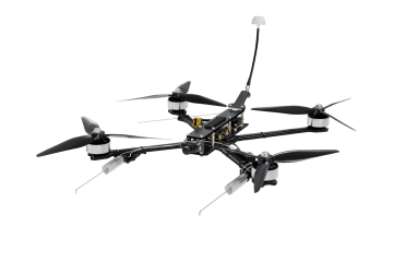 Vyriy’s lightweight FPV drone equipped with spring-mounted landing gear, exposed carbon frame, and high-gain antenna for enhanced signal resilience. (Source: Vyriy Drone)