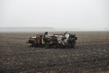 A burned Russian military vehicle is seen between the Yeni Basan district and Lukyanovka village, after Ukrainian soldiers took control again in the region in Chernihiv, Ukraine, on April 02, 2022. (Source: Getty Images)