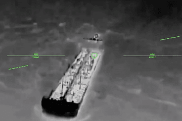 A Ukrainian naval drone targets a Russian fuel tanker during a strike in the Black Sea. (Source: SBS Commander Robert “Madyar” Brovdi)