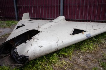 Remains of Shahed 136 at an exhibition showing remains of missiles and drones that Russia used to attack Kyiv on May 12, 2023 in Kyiv, Ukraine.