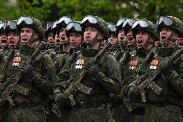 Russian servicemen, involved in war in Ukraine, attend the Victory Day military parade on Red Square in Moscow on May 9, 2026. (Source: Getty Images)