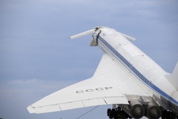 The Soviet supersonic passenger airliner designed by Aleksey Tupolev, Tupolev Tu-144, presented to the public in the Technik Museum Sinsheim on August 17, 2022, in Steinsfurt, Baden-Württemberg, Germany.