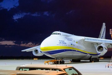 A Ukrainian Antonov An-124 cargo aircraft parked at Leipzig/Halle Airport after German authorities defused an explosive-equipped drone found near the plane, August 5, 2026. (Source: Getty Images)
