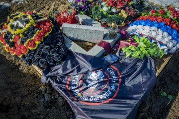 A Wagner group mercenary killed in the Russian invasion war in Ukraine is being buried in the Beloostrovsky cemetery in the outskirts of Saint Petersburg, Russia. (Source: Getty Images) A Wagner group mercenary killed in the Russian invasion war in Ukraine is being buried in the Beloostrovsky cemetery in the outskirts of Saint Petersburg, Russia. (Source: Getty Images)