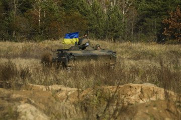 Servicemen of the First Presidential National Guard Brigade of Ukraine BUREVIY (Storm) during a practical exercise at a training ground in northern Ukraine, November 3, 2023. (Source: Getty Images)