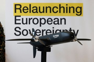 A TYTAN Technologies interceptor drone is pictured before the visit of German Economy Minister Katharina Reiche on February 06, 2026 in Munich, Germany