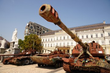 This photograph shows tanks displayed in Saint Michael's Square, in Kyiv on August 5, 2026. (Source: Getty Images) This photograph shows tanks displayed in Saint Michael's Square, in Kyiv on August 5, 2026. (Source: Getty Images)