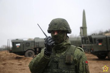 Belarusian soldier during drills with Russian-made Iskander missile launchers, capable of launching tactical nuclear missiles.