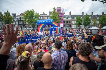 A Booking.com boat during the 29th Canal Pride parade in Amsterdam, Netherlands, on August 2, 2025. (Source: Getty Images)