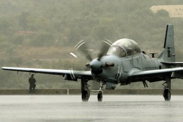 A-29 Super Tucano plane that were handed by the US government to the Lebanese Army arrive at the Lebanese Air Force air base of Hamat, north of Beirut, on October 31, 2017. (Source: Getty Images)