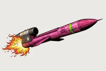 Ilustración del misil de crucero ucraniano «Flamingo», financiado por donantes checos. El misil, de color rosa brillante, con un emblema de calavera y un motor en llamas, representa la campaña checa «Regalo para Putin». (Fuente: Dárek pro Putina)