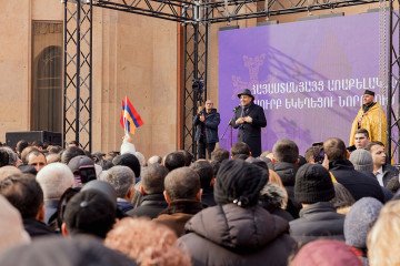 Armenian Prime Minister Nikol Pashinyan addresses supporters from a stage near St. Anna Church in Yerevan, Armenia on January 6, 2026. (Source: Getty Images)