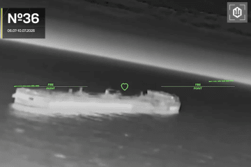 A thermal camera feed from a Ukrainian drone tracks a Russian shadow fleet oil tanker on the water approaches to Crimea. (Source: Unmanned Systems Forces of Ukraine) A thermal camera feed from a Ukrainian drone tracks a Russian shadow fleet oil tanker on the water approaches to Crimea. (Source: Unmanned Systems Forces of Ukraine)
