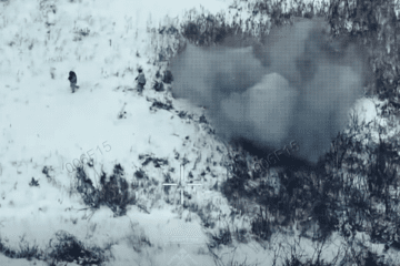 A drone strike hits Russian positions in a snow-covered area, as captured in aerial footage released by Ukrainian forces. (Photo: National Guard of Ukraine’s “Khartiia” Brigade )