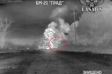 The moment a Ukrainian heavy drone strikes a Russian BM-21 "Grad" rocket system in the Donetsk region. (Source: Lasar’s Group) The moment a Ukrainian heavy drone strikes a Russian BM-21 "Grad" rocket system in the Donetsk region. (Source: Lasar’s Group)