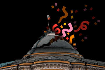 Illustration of the Kremlin dome surrounded by drone strike imagery and symbolic blast effects. (Source: Oleksandr Manukians / UNITED24 Media)