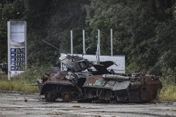 A destroyed Russian APC is seen after Russian Forces’ withdrawal in Izium, Kharkiv region, Ukraine, on September 14, 2022. (Source: Getty Images)