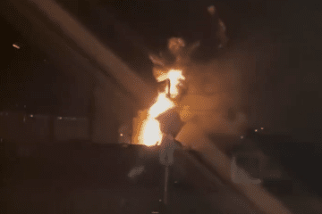 Flames rise near port infrastructure in Novorossiysk following an overnight Ukrainian drone strike on the city’s fuel oil terminal. (Source: Volodymyr Zelenskyy)