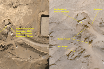 Fresh soil piles were visible near the southern tunnel entrance to the Iranian nuclear complex in Isfahan on January 24, with the entrance being reinforced by January 29, 2026. (Source: @TheGoodISIS/X)
