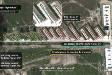 Satellite image of Russia’s Tsymbulova drone base in Oryol region, showing launchers and infrastructure for Geran attack drones. (Source: Strategic Aviation) Satellite image of Russia’s Tsymbulova drone base in Oryol region, showing launchers and infrastructure for Geran attack drones. (Source: Strategic Aviation)