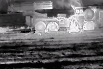 Burning Russian BM-27 Uragan-1 multiple-launch rocket system, Zaporizhzhia region, February 2026. (Source: Lasar’s Group)